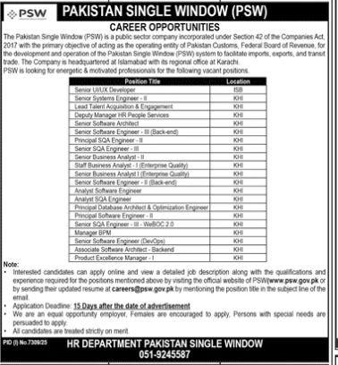 Pakistan Signal Window Psw Karachi Jobs 2026 – Pakistan Single Window PSW Jobs 2026 — original advertisement