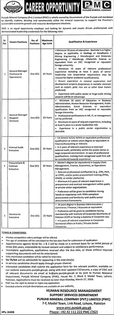 Punjab Mineral Company Pvt Limited Jobs 2026 – Private Company Jobs 2026 — original advertisement