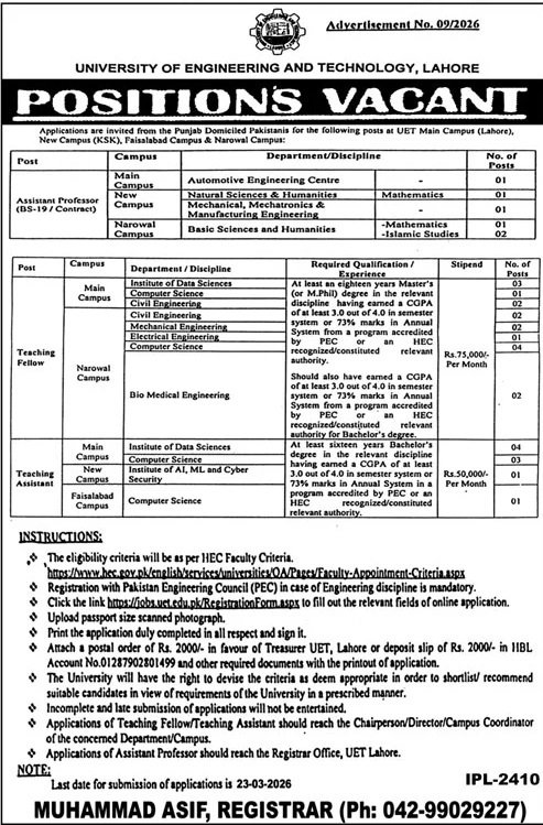 University of Engineering And Technology Lahore Jobs 2026 – University of Engineering  & Technology Lahore Jobs 2026 — original advertisement