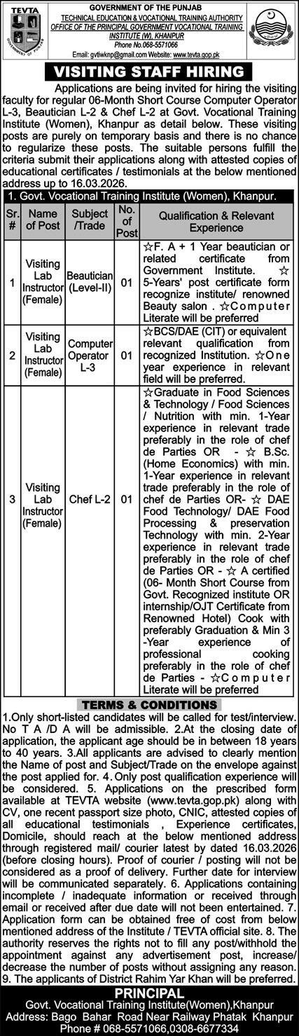 Govt Vocational Training Institute For Women GVTIW Jobs 2026 – Technical Education & Vocational Training Authority TEVTA Punjab Jobs 2026 — original advertisement
