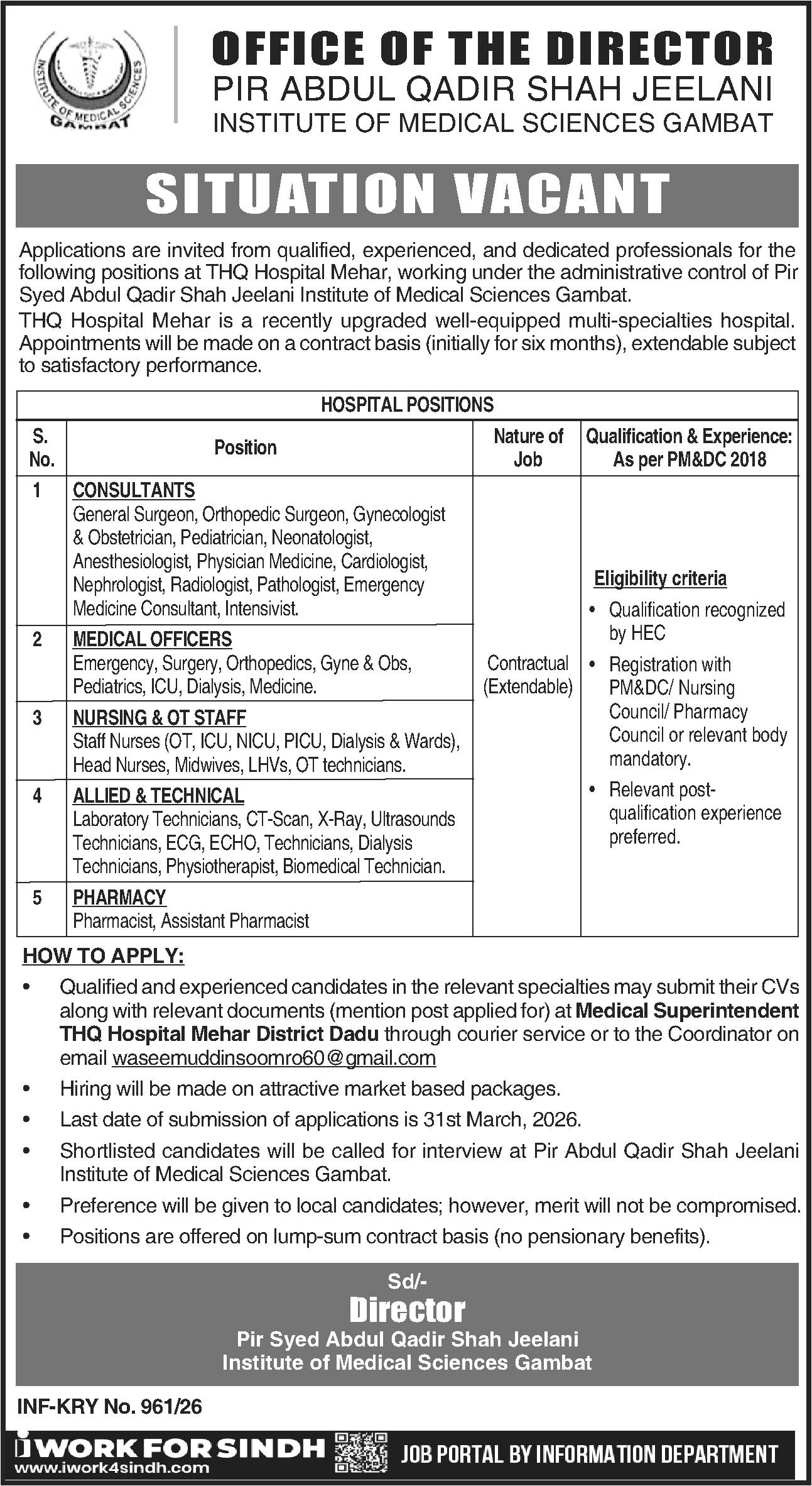 Pir Abdul Qadir Shah Jeelani Institute Of Medical Jobs 2026 – pir abdul qadir jilani institute of medical science Jobs 2026 — original advertisement
