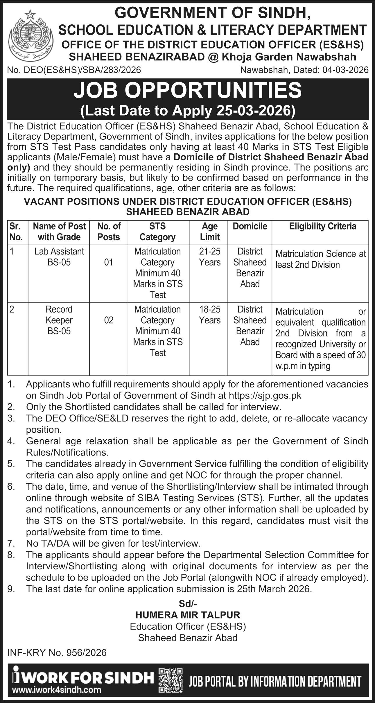 District Education Officer ES&HS Khoja Garden Jobs 2026 – School Education & Literacy Department Sindh Jobs 2026 — original advertisement