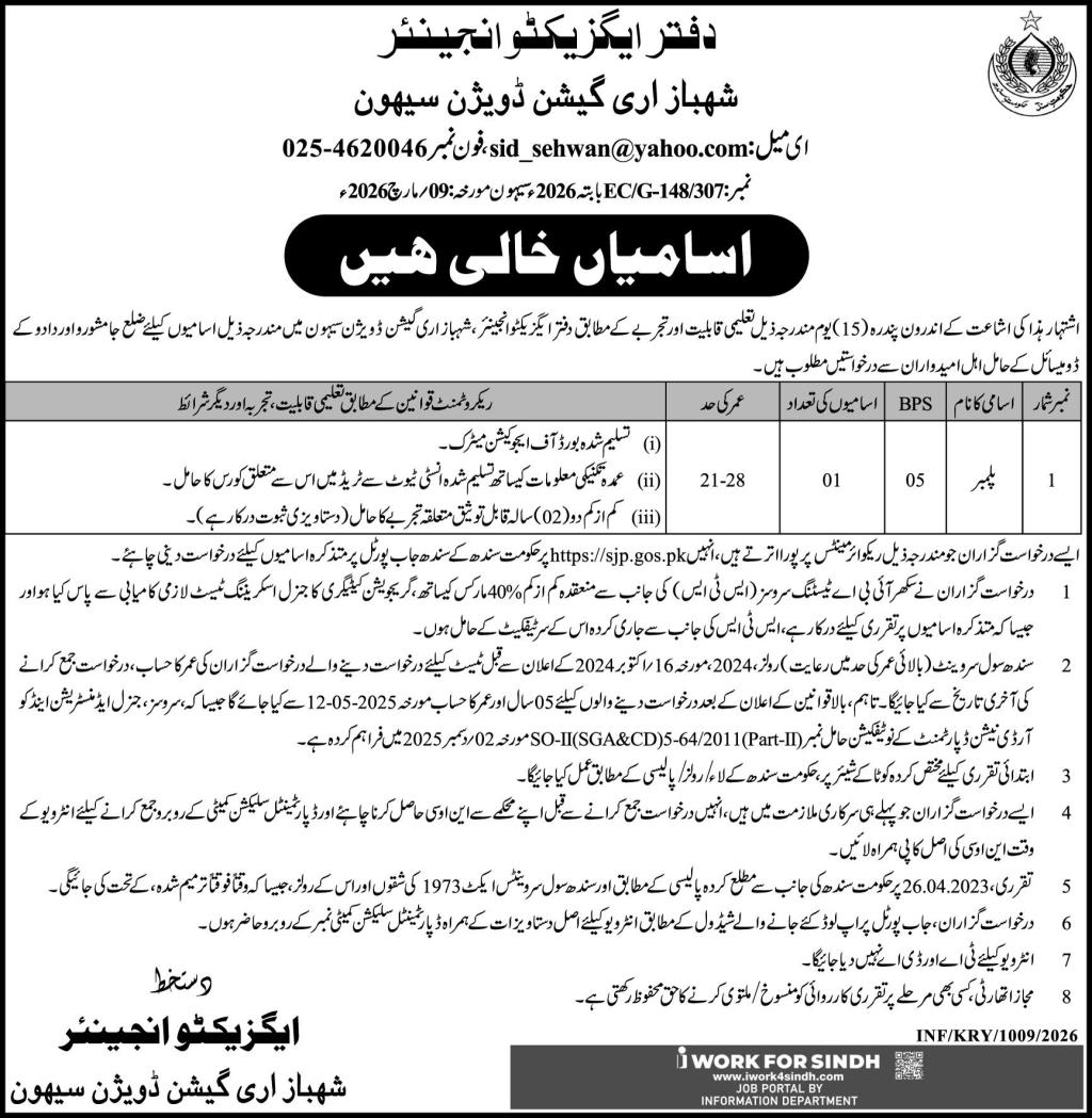 Shahbaz Irrigation Division Sehwan Jobs 2026 – Irrigation Department Sindh Jobs 2026 — original advertisement