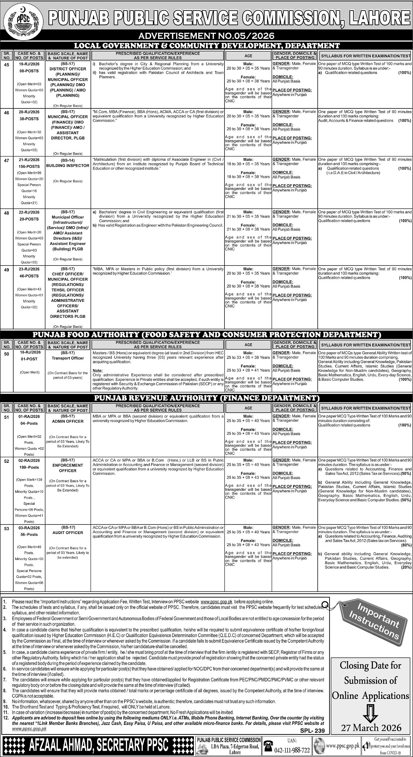 Punjab Public Service Commission PPSC Lahore Jobs 05/2026 – Punjab Public Service Commission Lahore Jobs 2026 — original advertisement