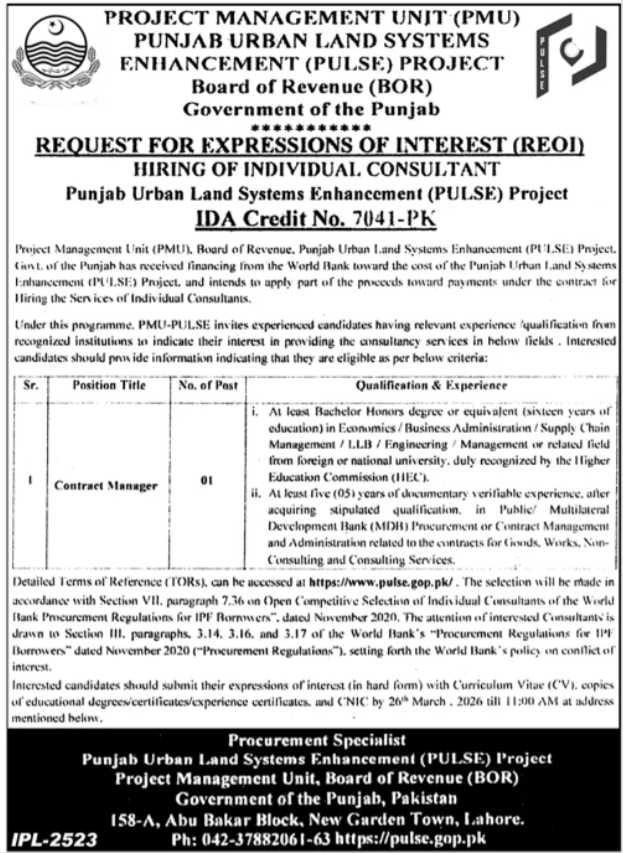 Board Of Revenue Lahore Job 2026 – Revenue Department Punjab Jobs 2026 — original advertisement