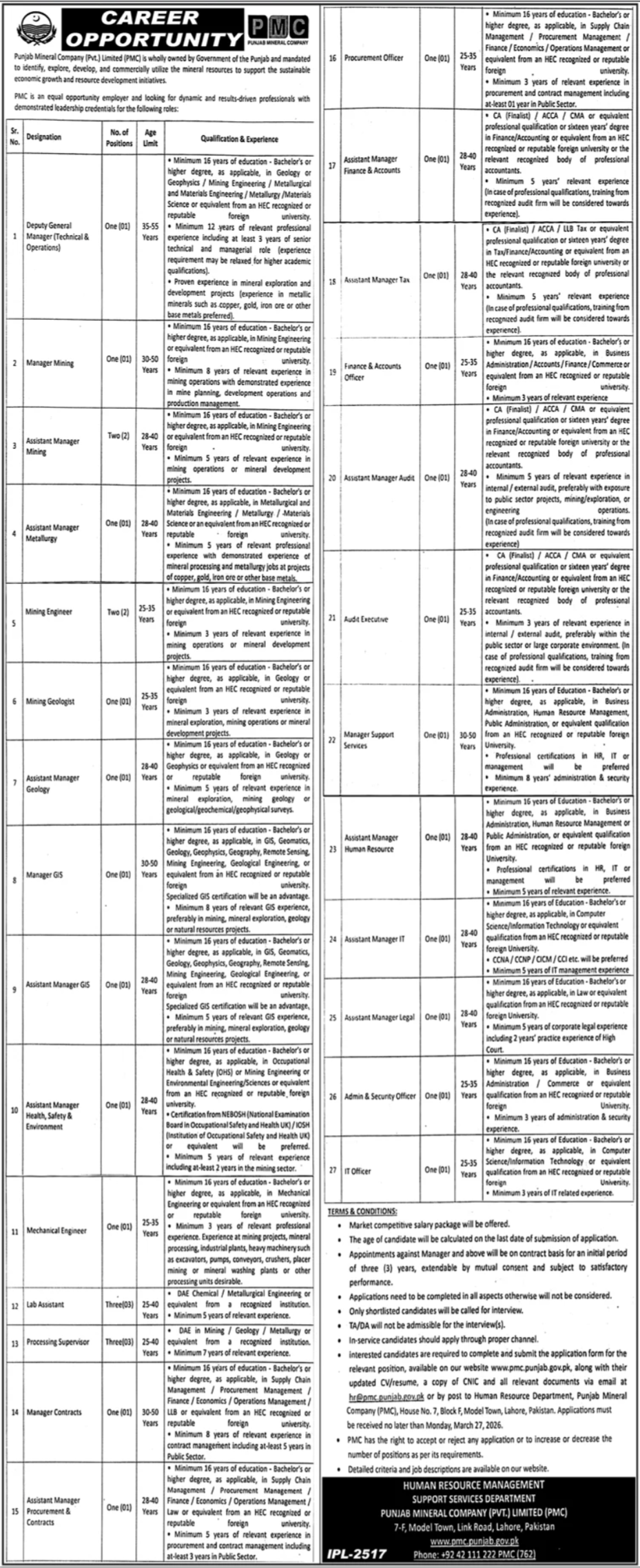 Punjab Mineral Company Pvt Ltd Lahore Jobs Notice 2026 – Private Company Jobs 2026 — original advertisement