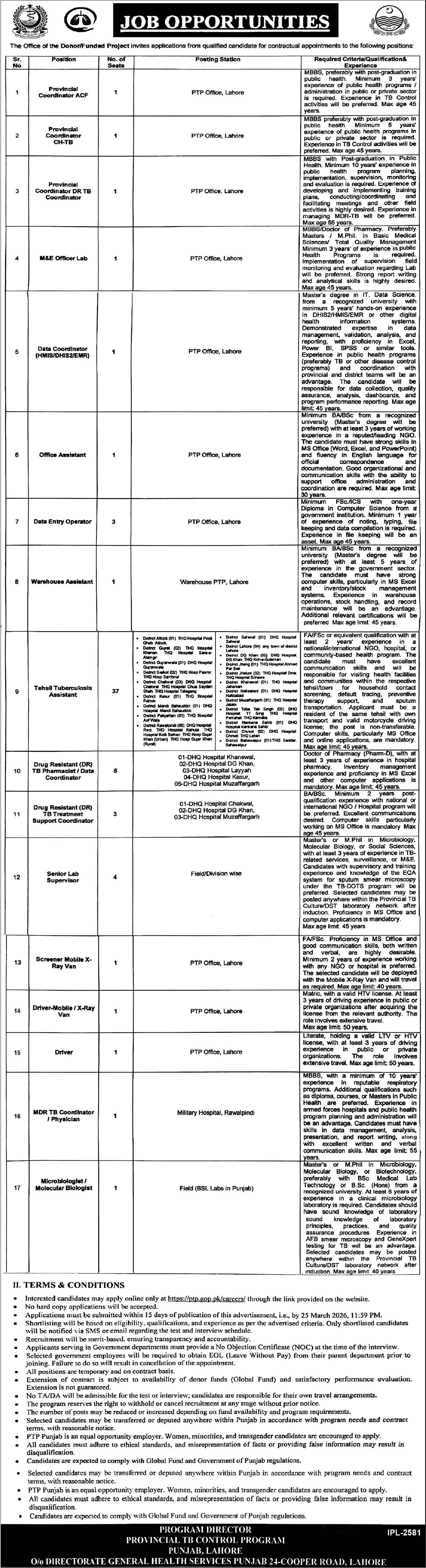 Provincial TB Control Program Jobs Provincial Coordinator – Public Sector Organization Jobs 2026 — original advertisement
