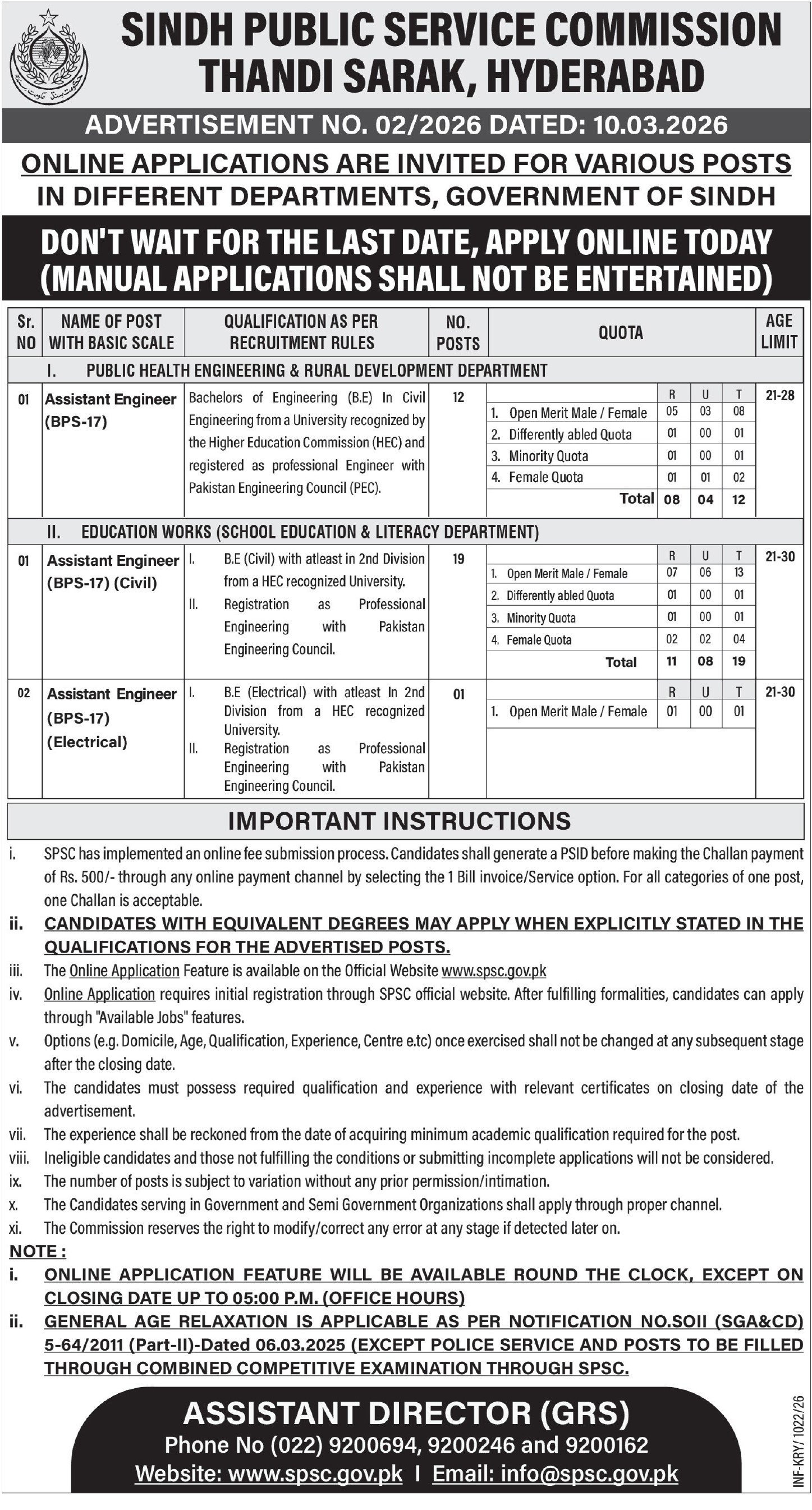 SPSC Jobs Advertisement No 02/2026 For Assistant Engineers – Sindh Public Service Commission at Karachi Jobs 2026 — original advertisement