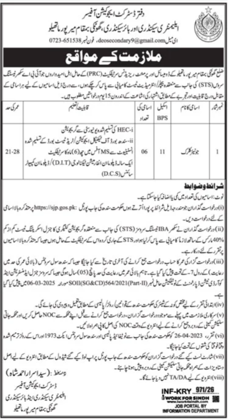 Elementary Secondary & Higher Secondary Mirpur Mathelo Job – Elementary Secondary & Higher Secondary Department Jobs 2026 — original advertisement