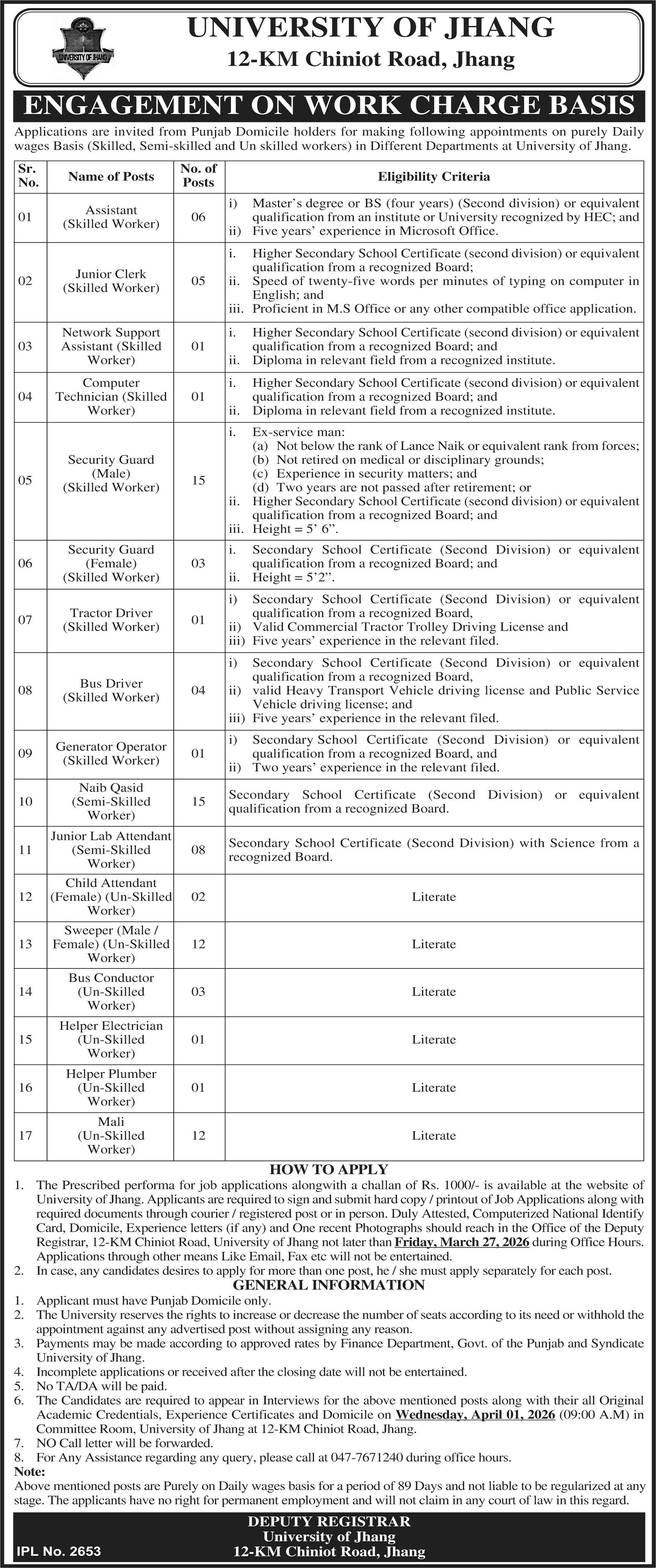 University Of Jhang Jobs 2026 For Assistant & Junior Clerk Jobs 2026 — original advertisement