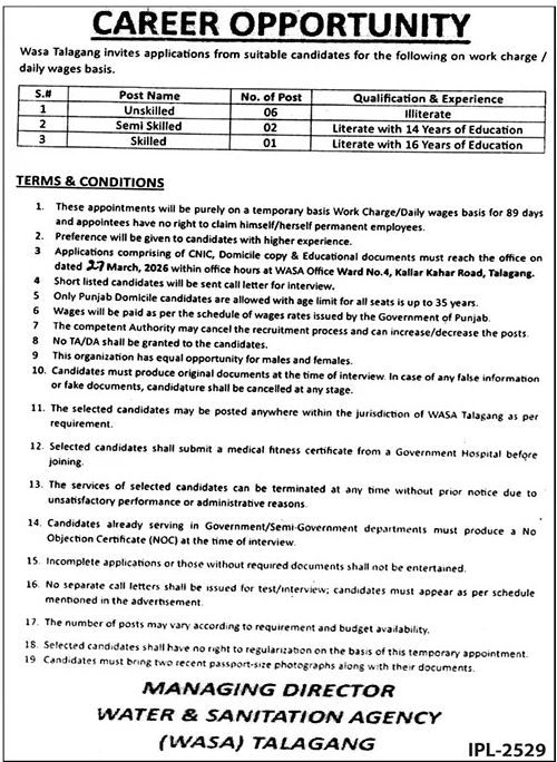Water And Sanitation Agency WASA Talagang Jobs 2026 – Water & Sanitation Agency WASA Faisalabad Jobs 2026 — original advertisement