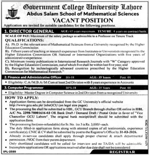 Government College University Lahore Jobs 2026 Jobs 2026 — original advertisement