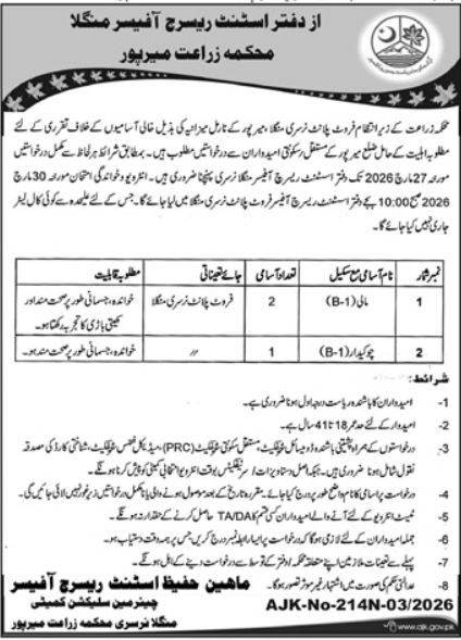 Agriculture Department Mirpur AJK Jobs 2026 For Mali – Govt of Azad Kashmir Jobs 2026 — original advertisement