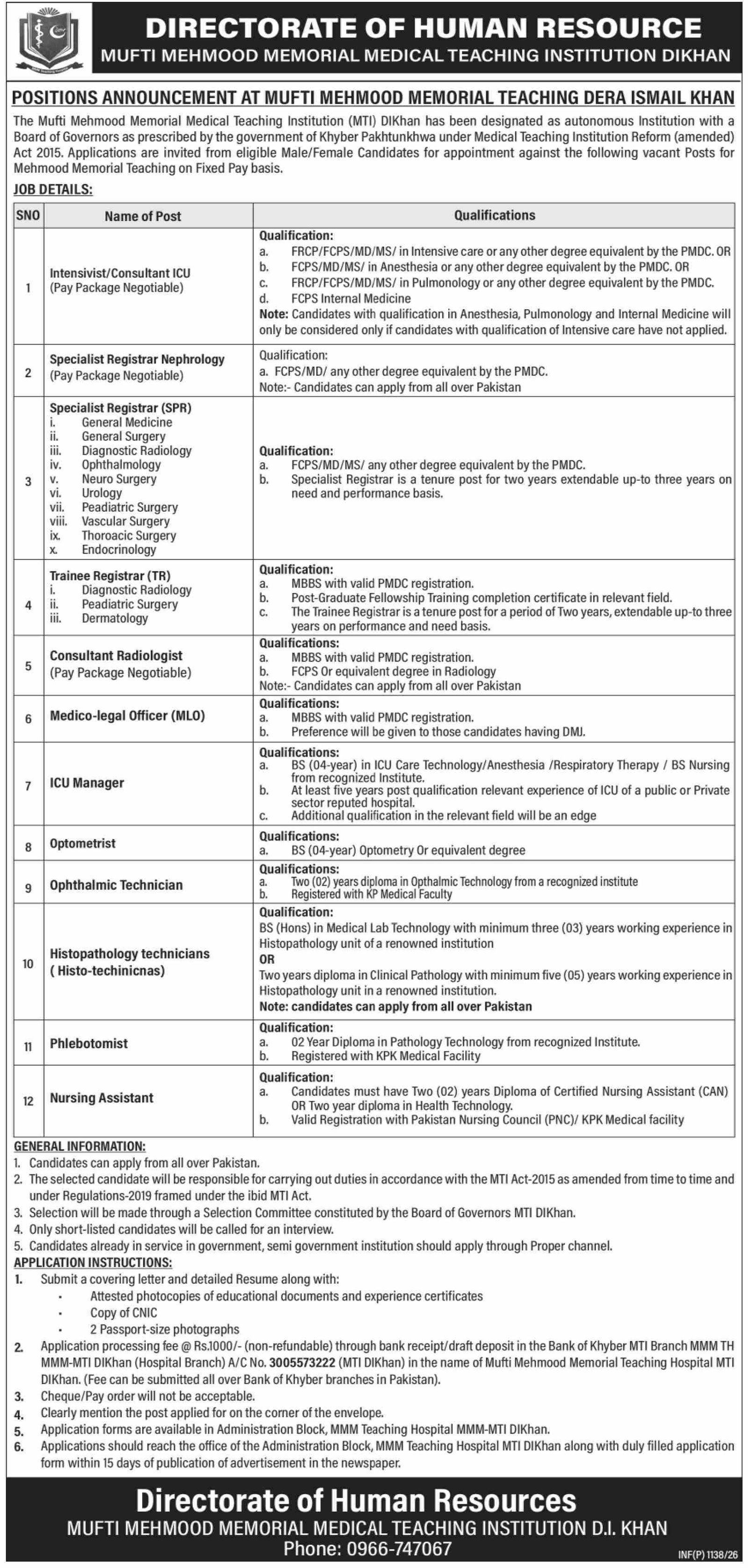 Mufti Mehmood Momerial Teaching Hospital Jobs 2025 – Mufti Mehmood Memorial Teaching Hospital DI Khan Jobs 2026 — original advertisement