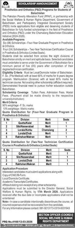 The Pakistan Poverty Alleviation Fund (PPAF) Schlorship 2026 – Social Welfare Departmen Balochsitan Jobs 2026 — original advertisement