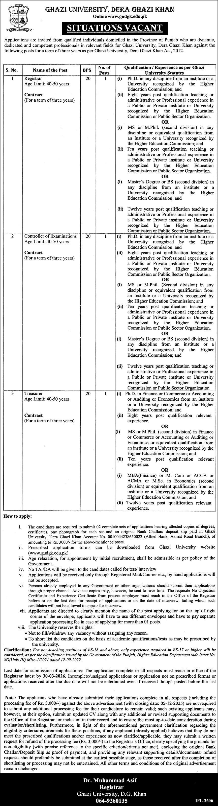 Ghazi University Dera Ghazi Khan Jobs 2026 For Registrar Jobs 2026 — original advertisement