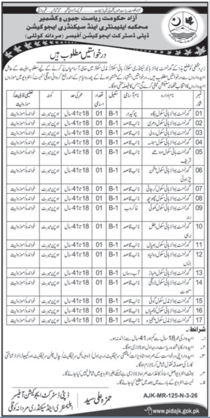 Elementary & Secondary Education Male Kotli Jobs 2026 – Elementary & Secondary Education AJK Jobs 2026 — original advertisement