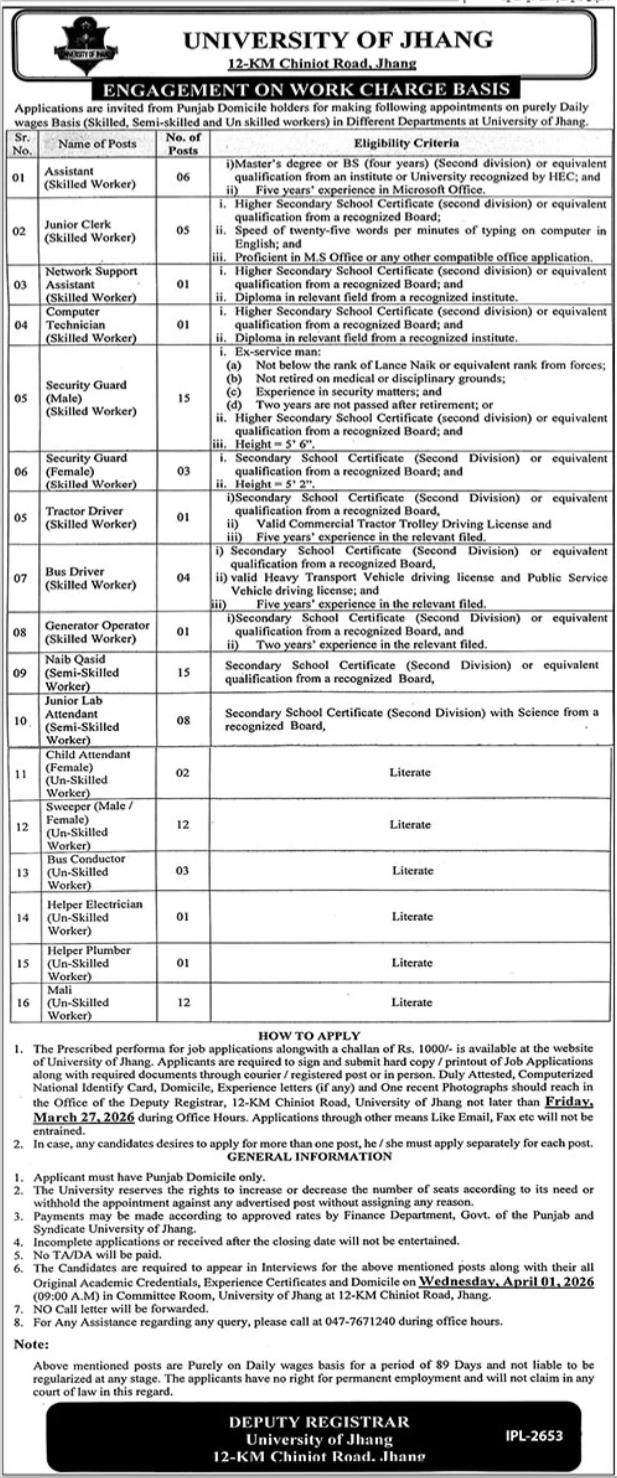 University of Jhang Lahore Jobs 2026 Jobs 2026 — original advertisement