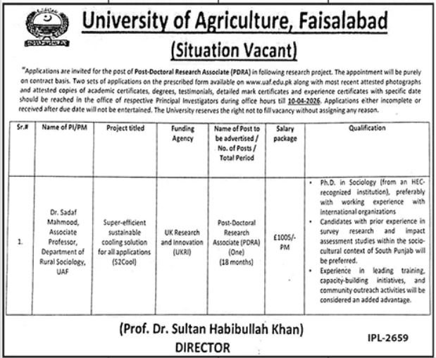 University Of Agriculture UAF Faislabad Jobs 2026 – University of Agriculture Faisalabad Jobs 2026 — original advertisement