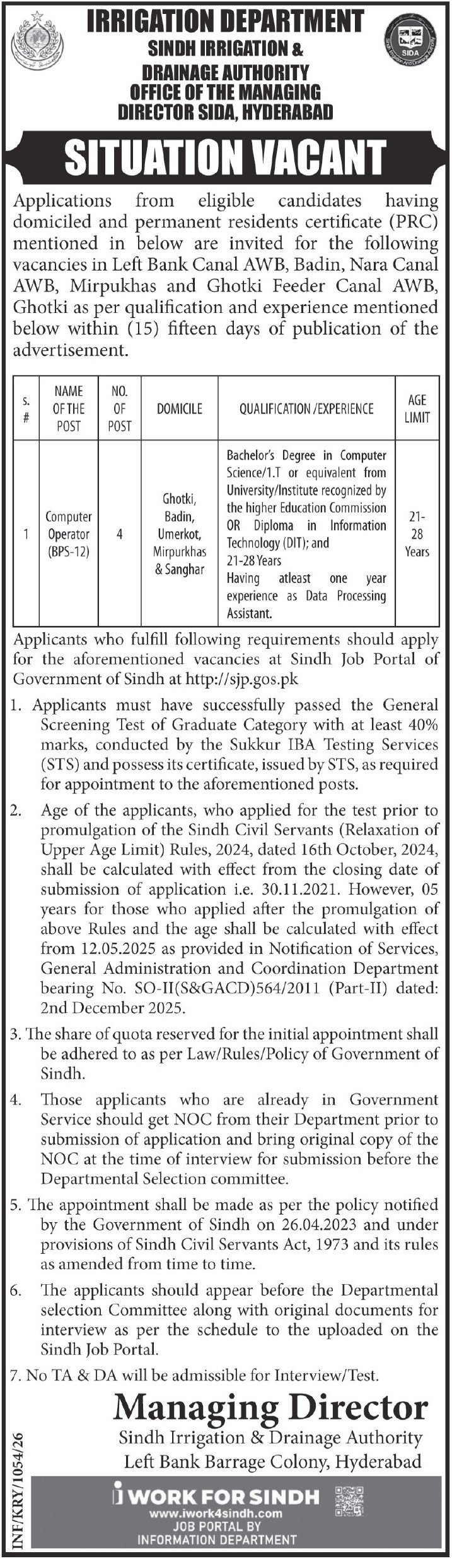 Sindh Irrigation & Drainage Authority SIDA Jobs 2026 – Irrigation Department Sindh Jobs 2026 — original advertisement
