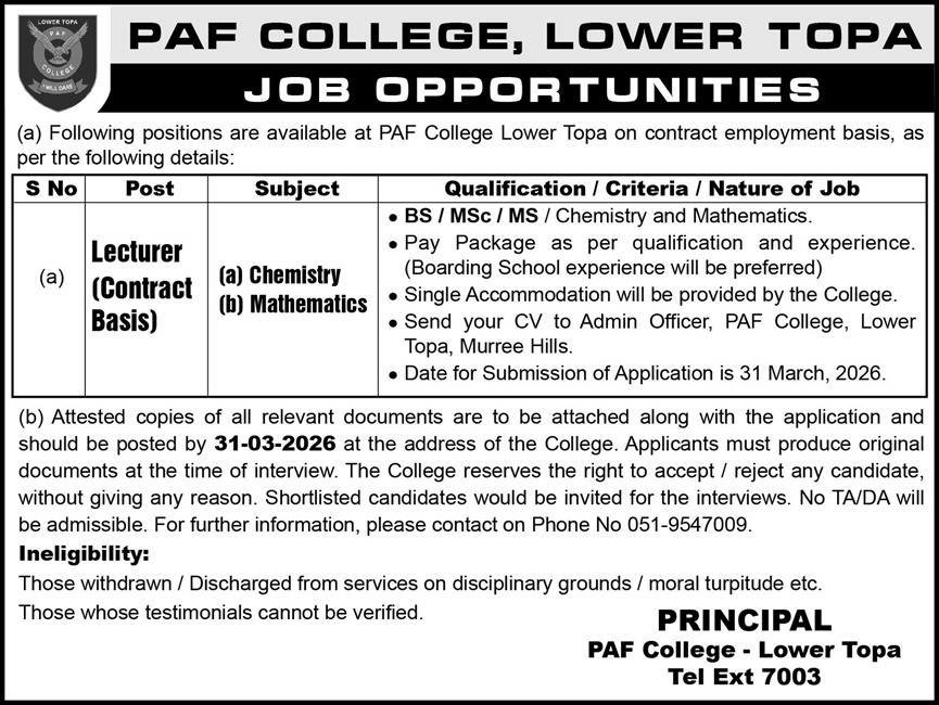 Paf College Lower Topa Karachi Jobs 2026 – Pakistan Air Force Jobs 2026 — original advertisement