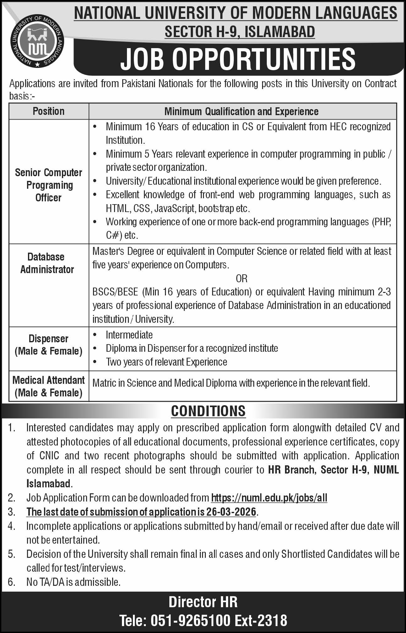 National University Of Modern Languages NUML Jobs 2026 – National University of Modern Languages Islamabad Jobs 2026 — original advertisement