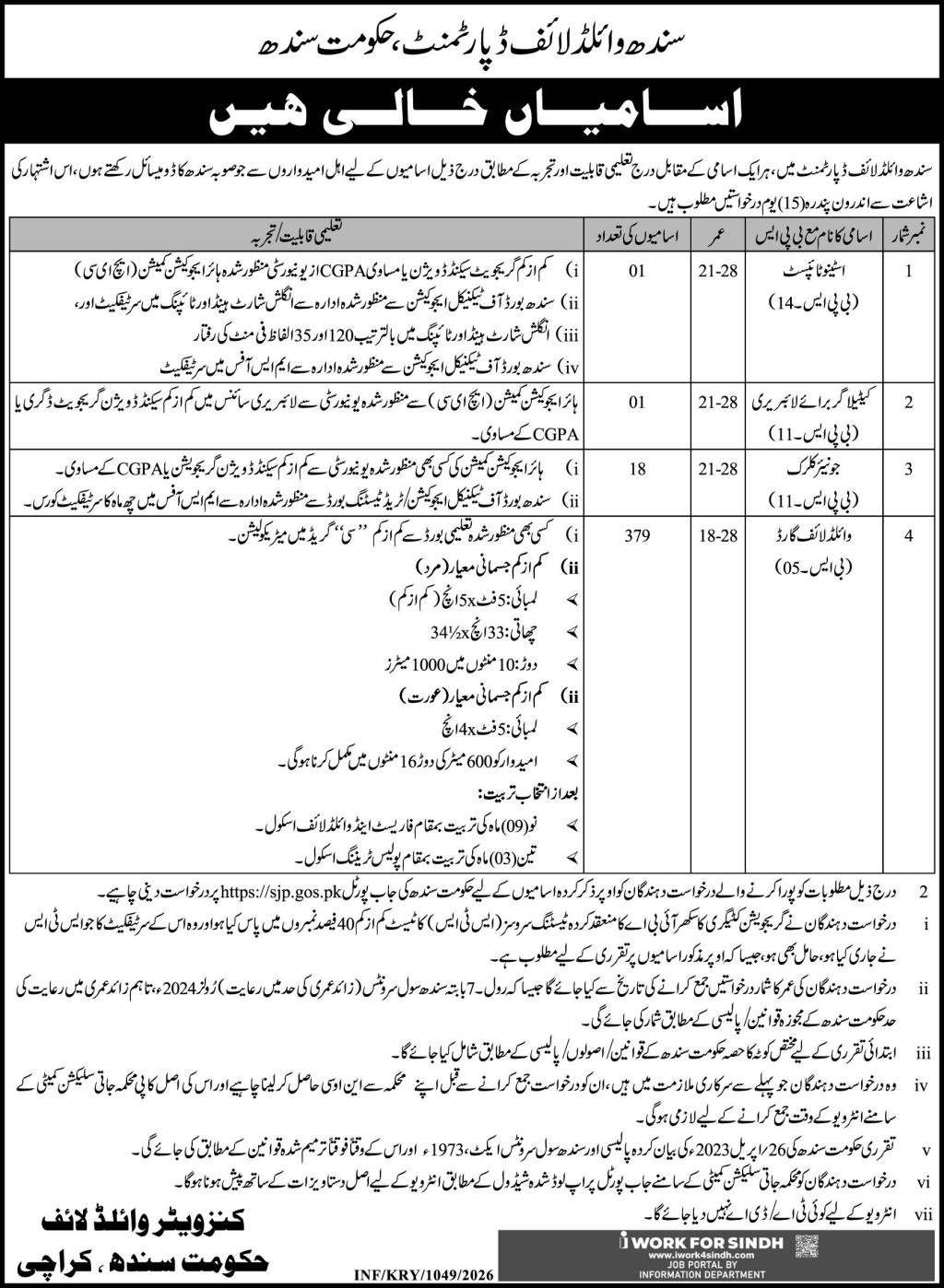 Sindh Wildlife Department Karachi Jobs 2026 – Govt of Sindh Jobs 2026 — original advertisement
