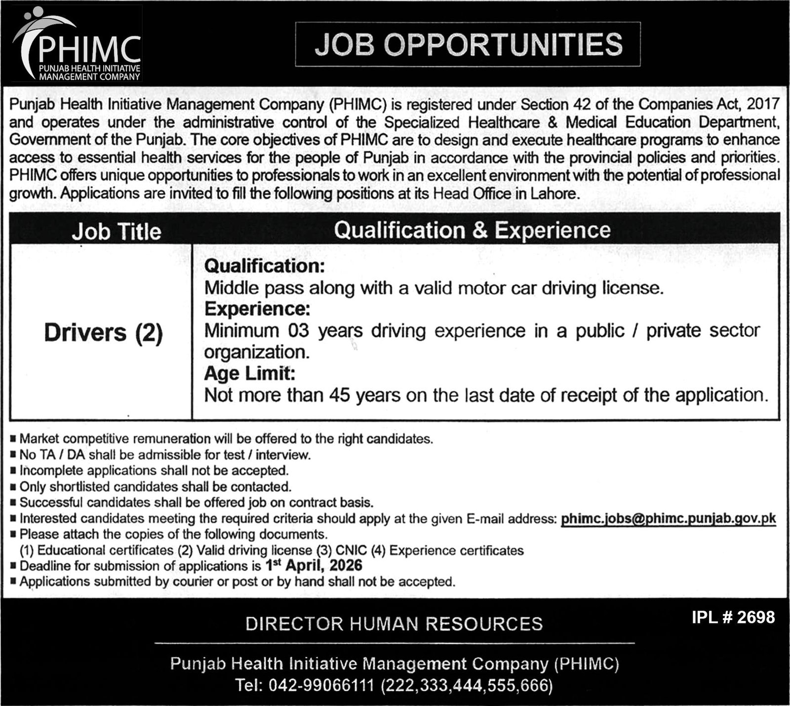 Punjab Health Initiative Management Company PHIMC Jobs 2026 – Punjab Health Facilities Management Company PHFMC Jobs 2026 — original advertisement
