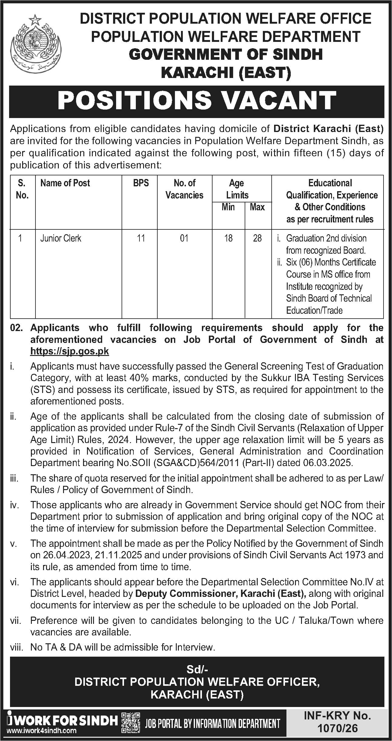 Population Welfare Department Karachi East Jobs 2026 – Population Welfare Department Sindh Jobs 2026 — original advertisement