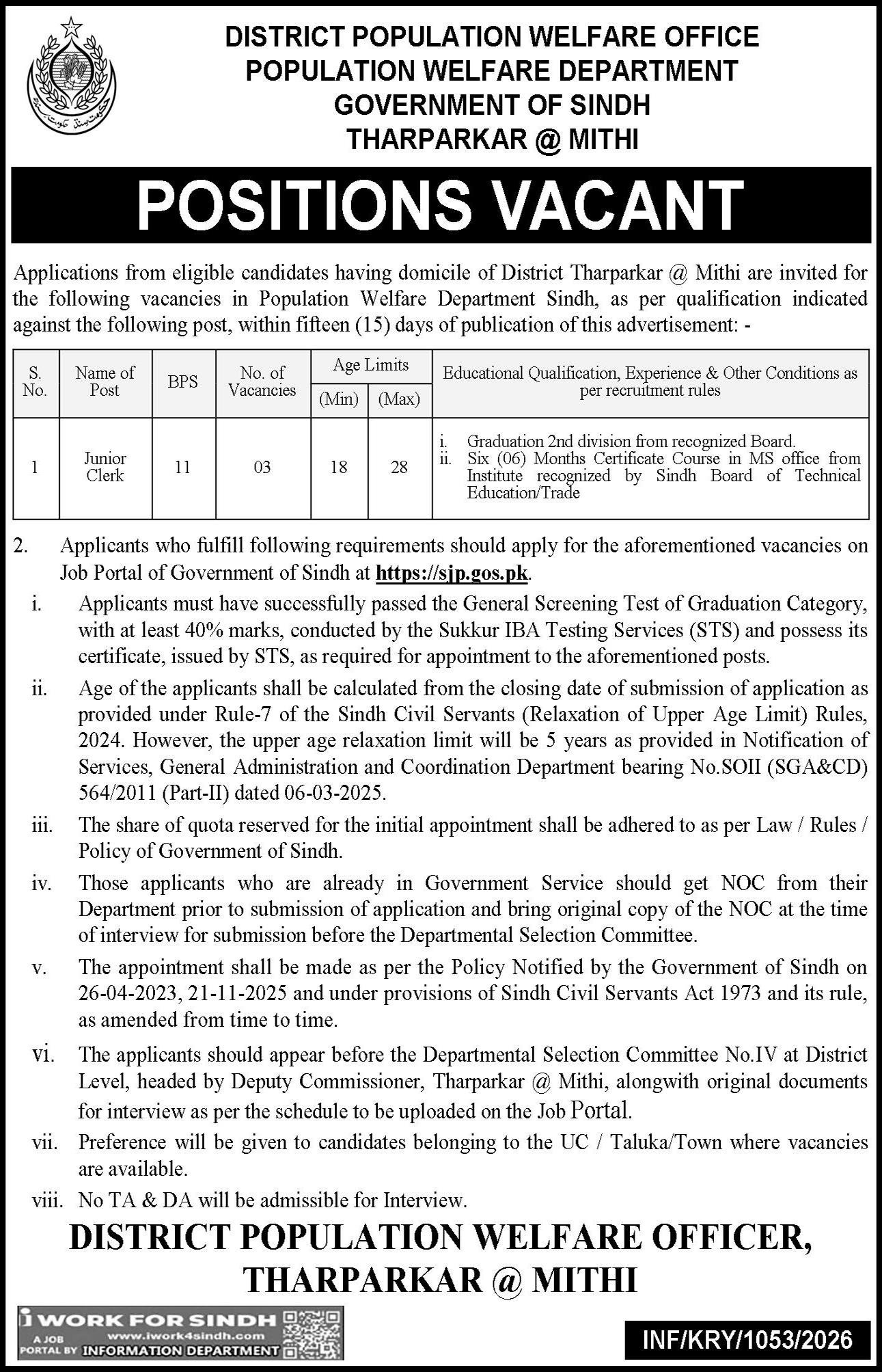 Population Welfare Department Tharparkar At Mithi Jobs 2026 – Population Welfare Department Sindh Jobs 2026 — original advertisement