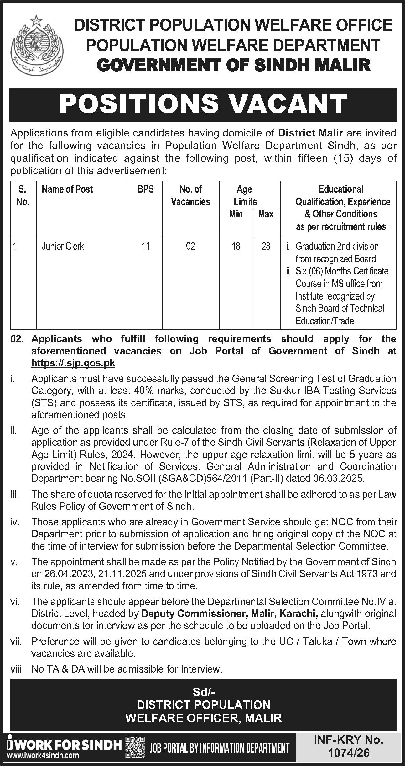 Population Welfare Department PWD Malir Jobs 2026 – Population Welfare Department Sindh Jobs 2026 — original advertisement