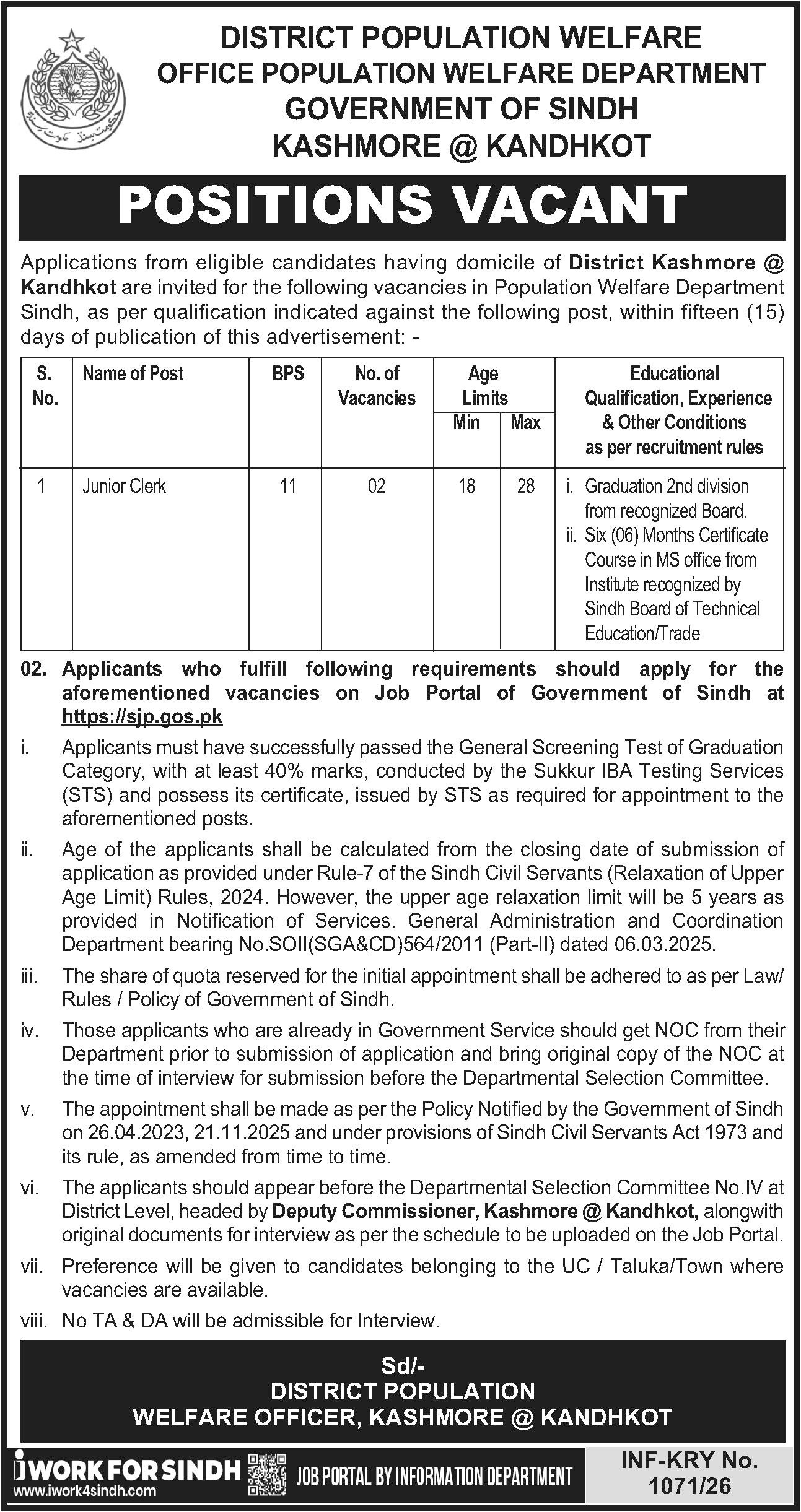Population Welfare Department PWD Kashmore Jobs 2026 – Population Welfare Department Sindh Jobs 2026 — original advertisement