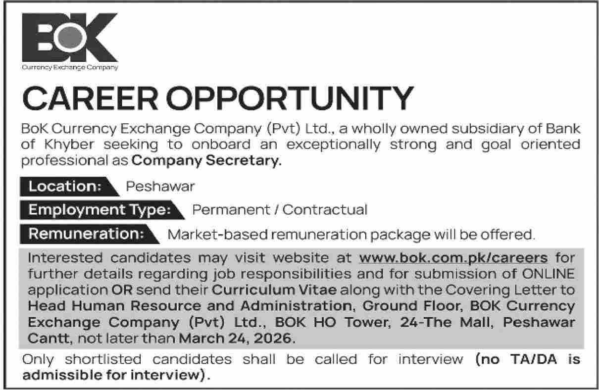 BOK Currency Exchange Company Peshawar Jobs 2026 – Bank of Khyber Jobs 2026 — original advertisement