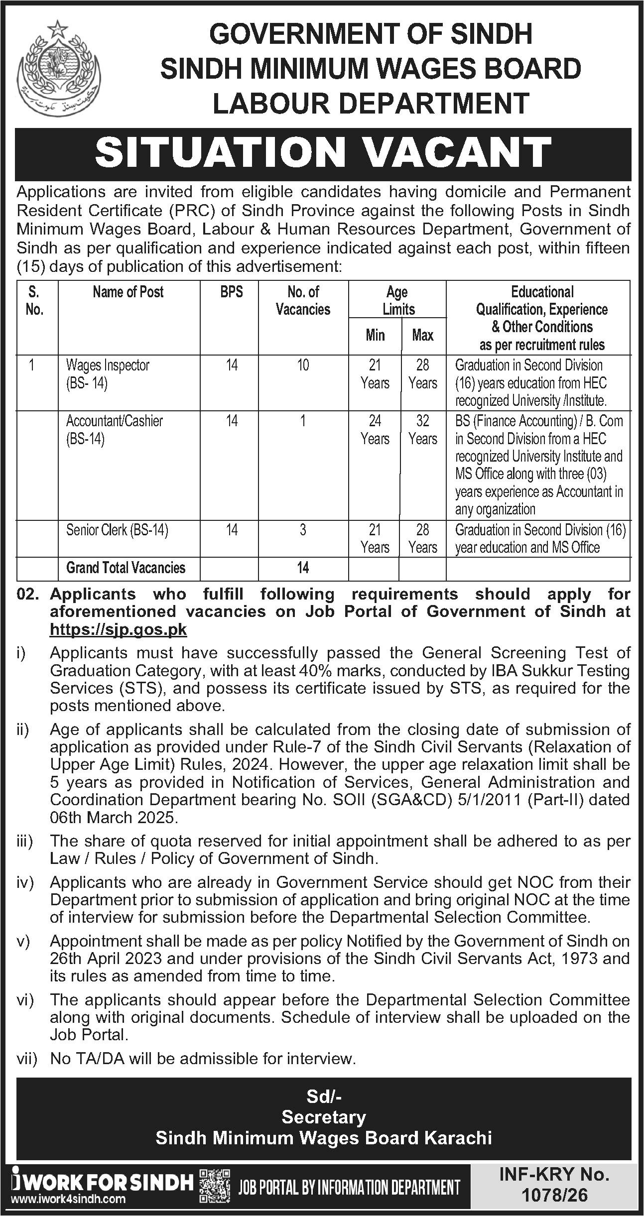 Sindh Minimum Wages Board SMWB Labour Department Jobs 2026 Jobs 2026 — original advertisement