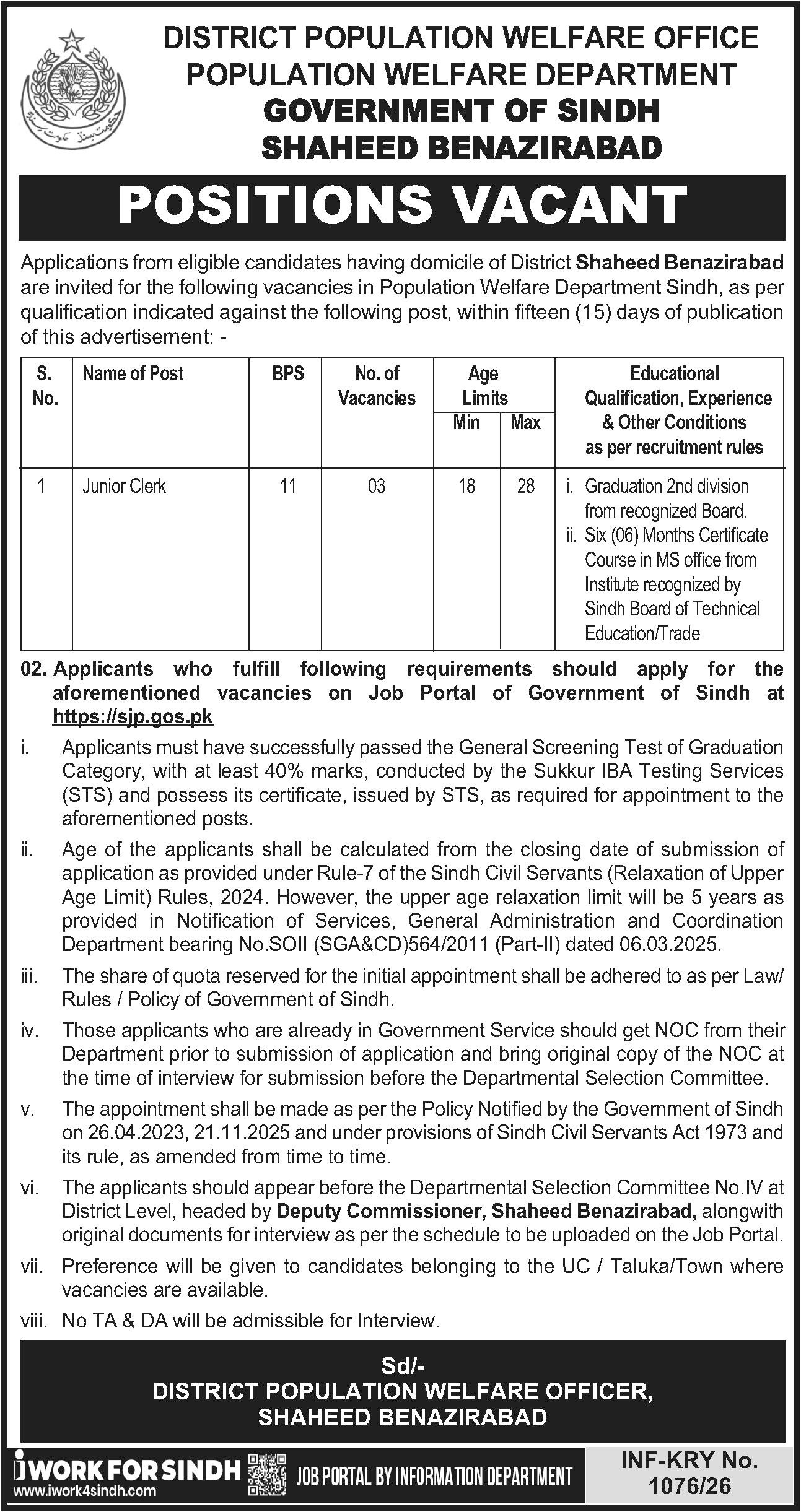 Population Welfare Department PWD Shaheed Benazirabad Jobs – Population Welfare Department Sindh Jobs 2026 — original advertisement