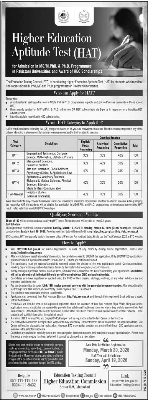 Higher Education Aptitude Test Hat 2026 – Higher Education Commission Islamabad Admissions 2026 — original advertisement