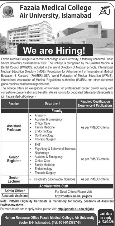 Fazaia Medical College Air University Islamabad Jobs 2026 – Fazaia Schools & Colleges Jobs 2026 — original advertisement