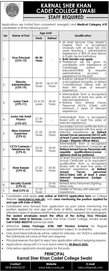 Karnal Sher Khan Cadet College Swabi Jobs 2026 Jobs 2026 — original advertisement