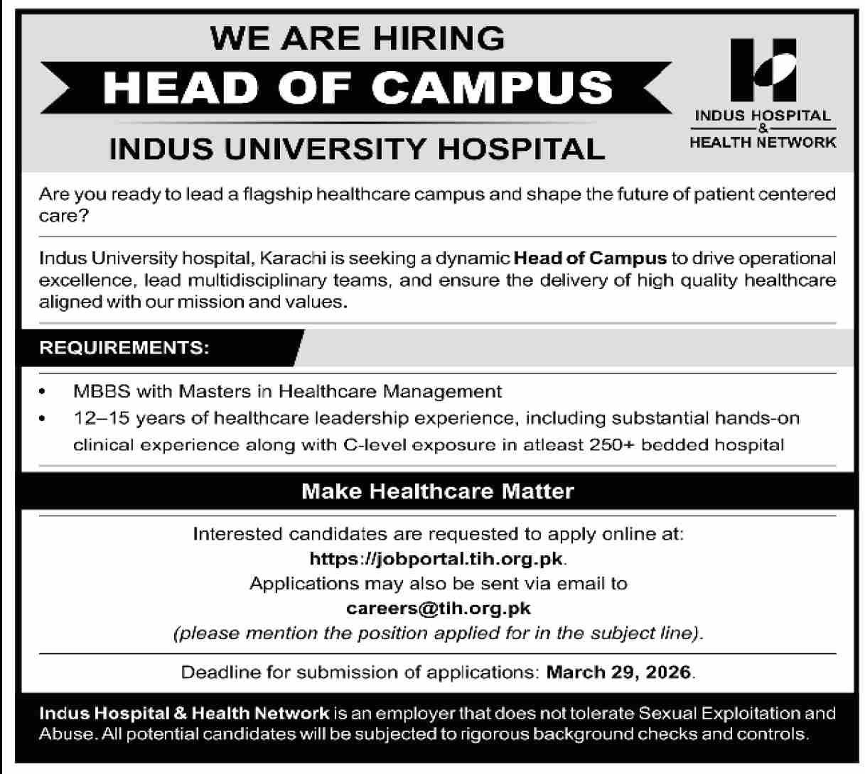 Indus University Hospital Karachi Jobs 2026 – Indus Hospital Jobs 2026 — original advertisement