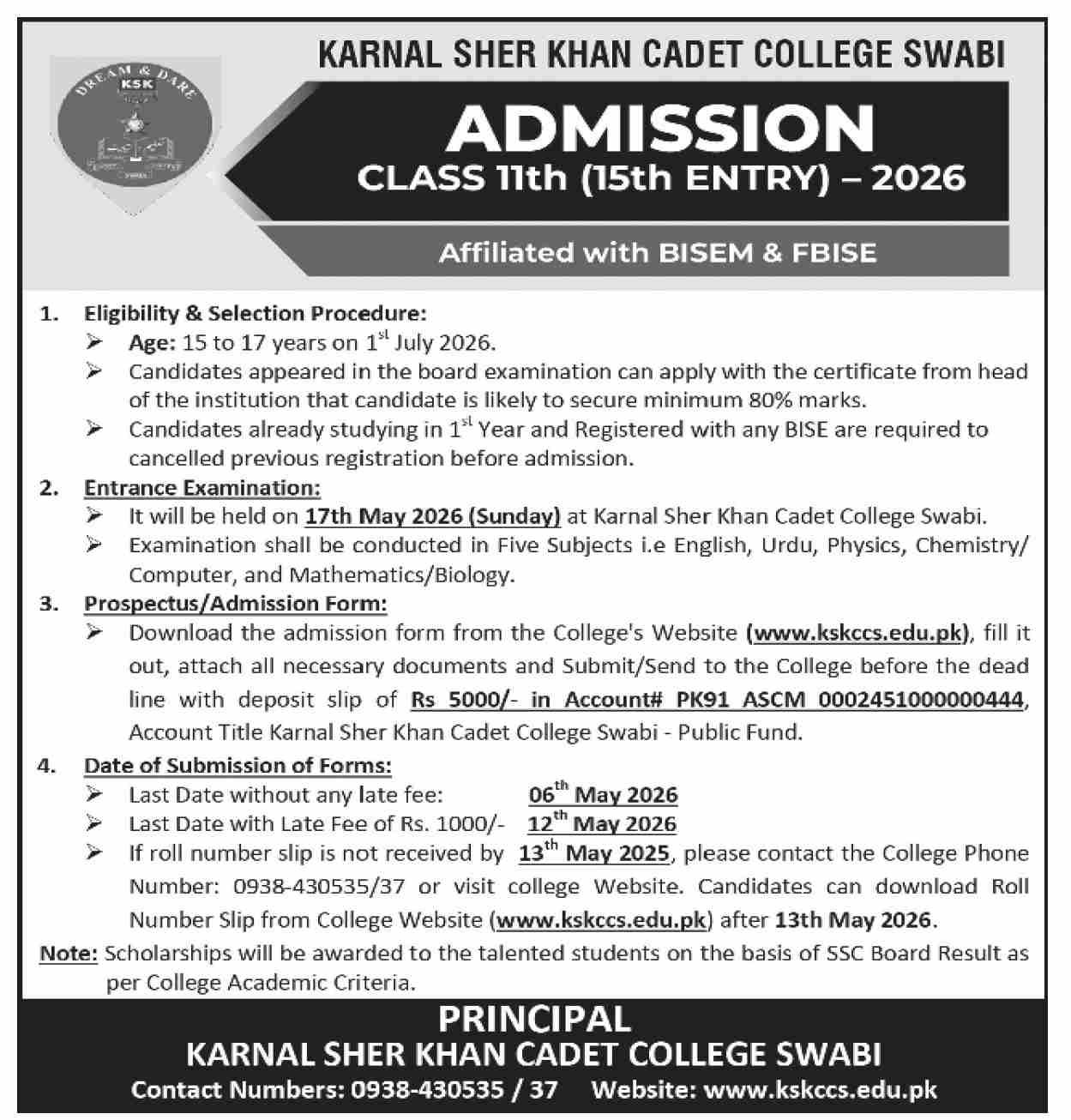 Admission Open in Karnal Sher Khan Cadet College Swabi 2026 Admissions 2026 — original advertisement