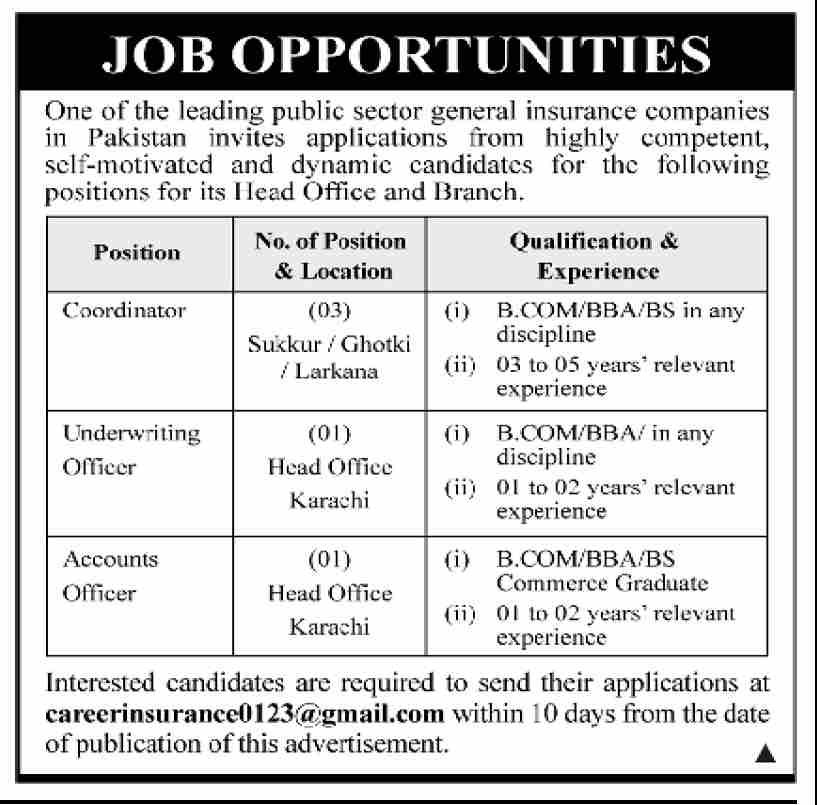 Public Sector Insurance Company Karachi Jobs 2026 – Public Sector Organization Jobs 2026 — original advertisement