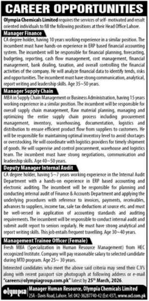 Olympia Chemicals Limited Lahore Jobs 2026 Jobs 2026 — original advertisement