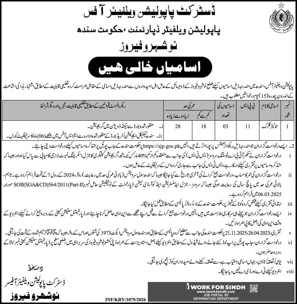 Population Welfare Department Admin Naushahro Feroze Job – Population Welfare Department Sindh Jobs 2026 — original advertisement
