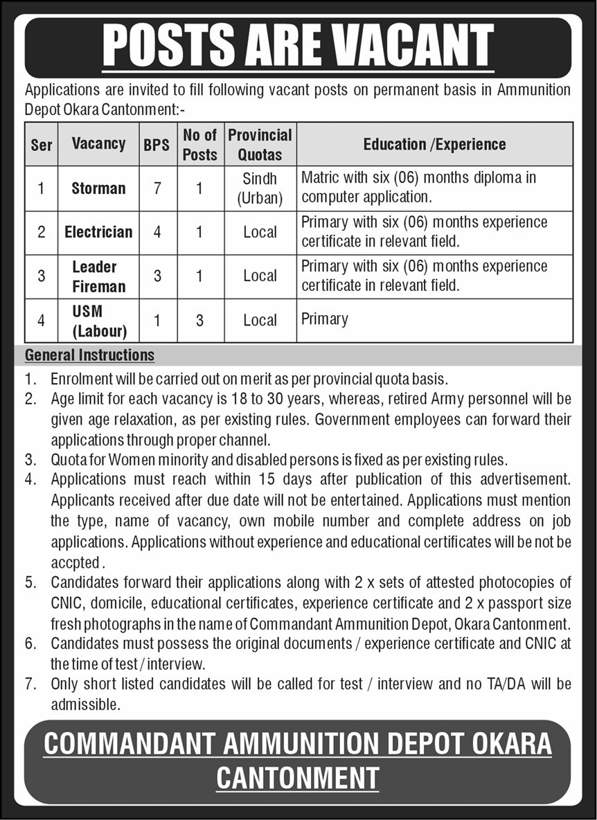 Ammunition Depot Okara Punjab Jobs 2026 – Pakistan Army Jobs 2026 — original advertisement
