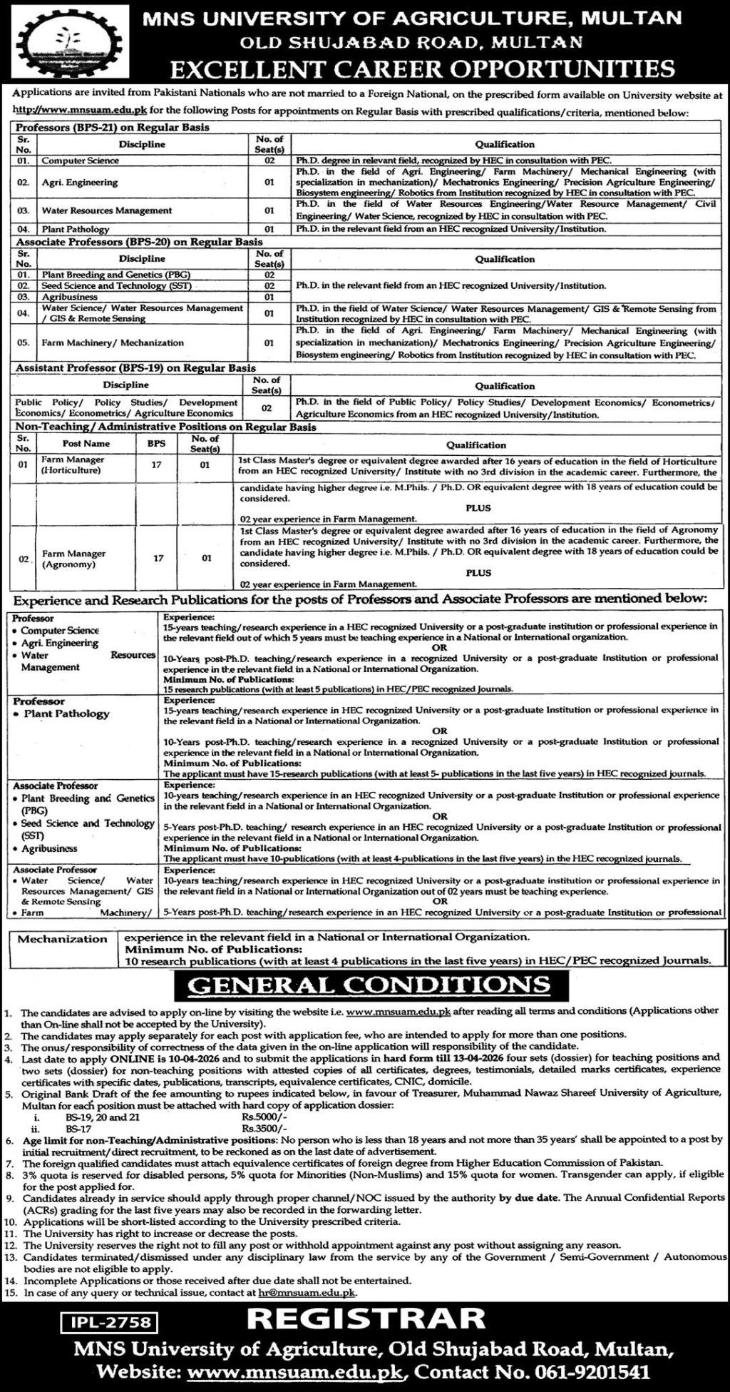 MNS University Of Agriculture Multan jobs 2026 – MNS-University of Agriculture, Multan. Jobs 2026 — original advertisement
