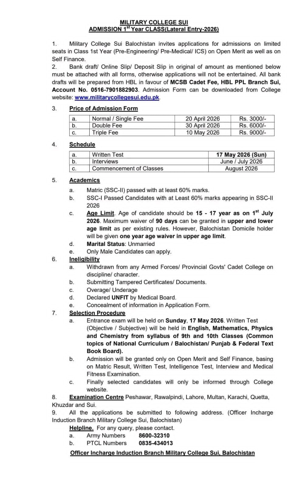 Admission Open in Military College Sui, Balochistan 2026 Admissions 2026 — original advertisement