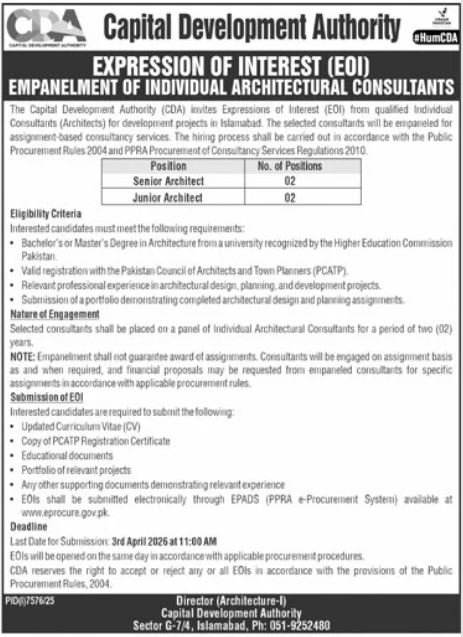 Capital Development Authority CDA Islamabad Job 2026 – Capital Development Authority (CDA) Islamabad Jobs 2026 — original advertisement