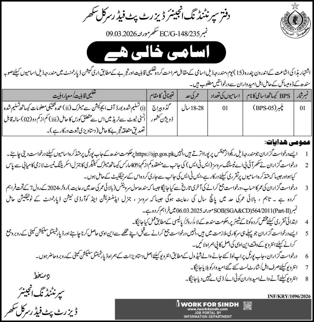 Irrigation Department Desert Pat Feeder Circle Sukkur Jobs – Irrigation Department Sindh Jobs 2026 — original advertisement