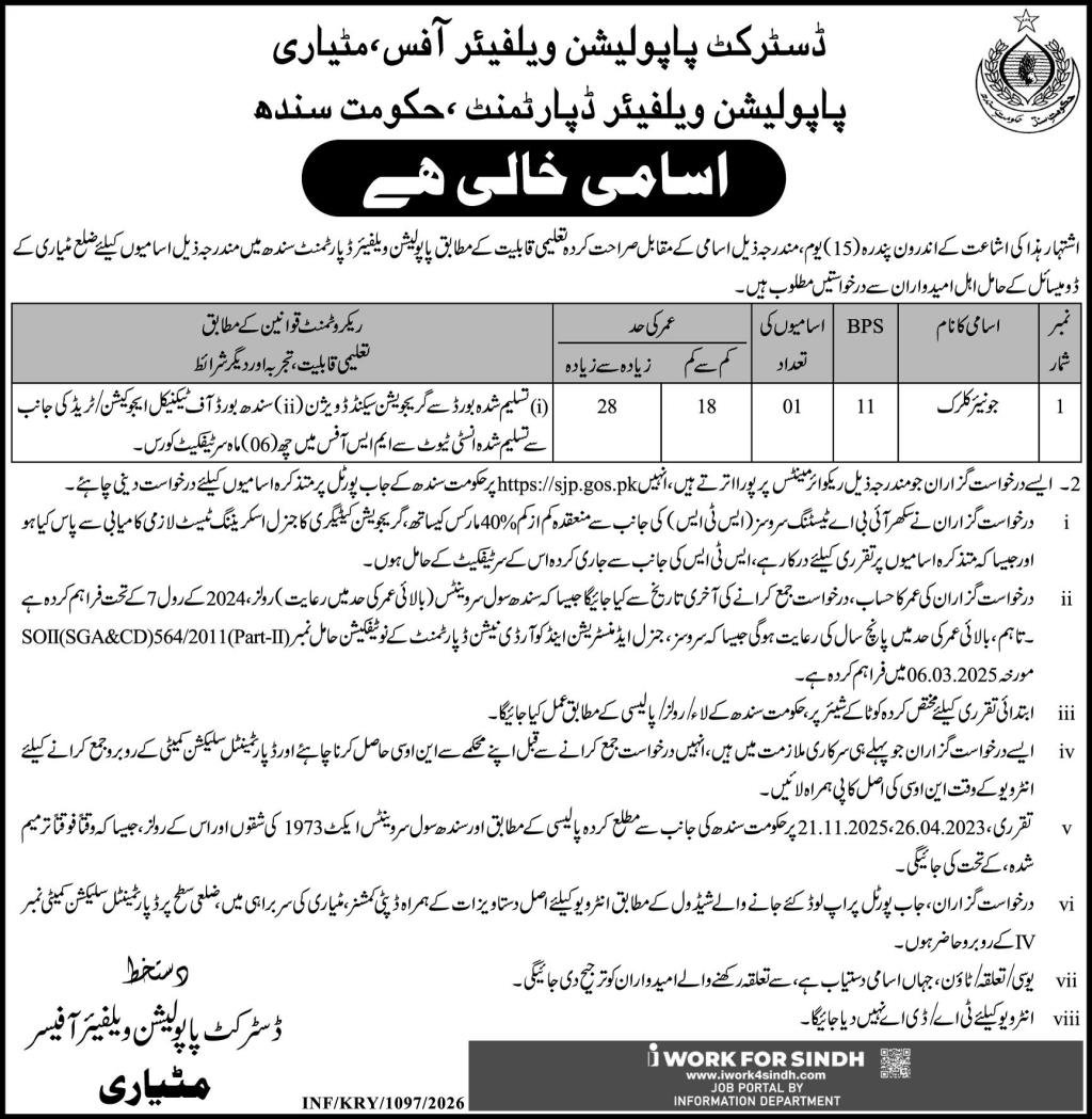 District Population Office PWD Matiari Jobs 2026 For Clerk – Population Welfare Department Sindh Jobs 2026 — original advertisement