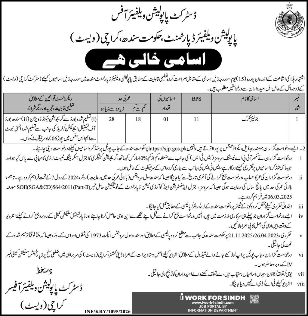 Population Welfare Department PWD Karachi West Jobs 2026 – Population Welfare Department Sindh Jobs 2026 — original advertisement